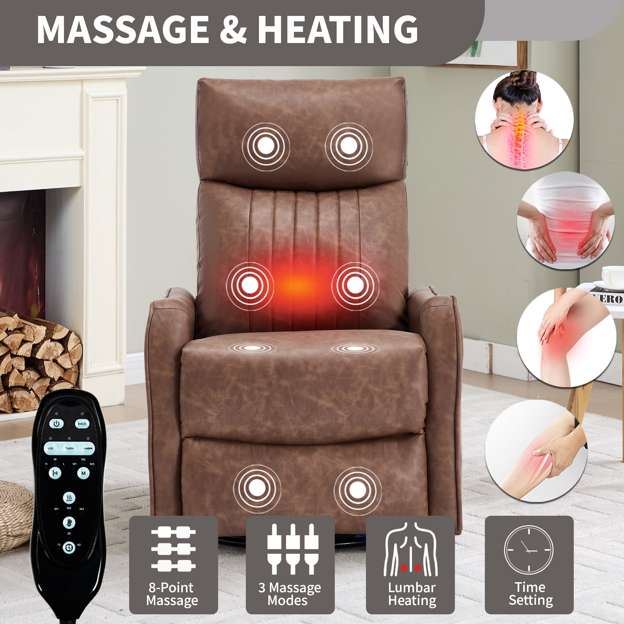 Aukfa Massage Recliner Chair with Heat, Faux Leather 360° Swivel Rocker Recliner, Overstuffed Manual Reclining Glider Chair with Vibration, Brown