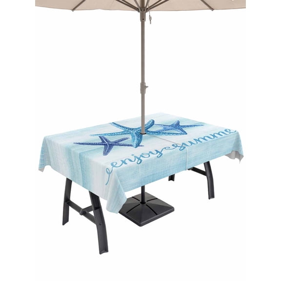Outdoor Tablecloth with Umbrella Hole for Patio/Picnic/Party/Camping, Ocean Strafish Waterproof Table Cloth Rectangle Table Cover Washable, Summer Sea Strfish Ombre Blue (60"x 102")