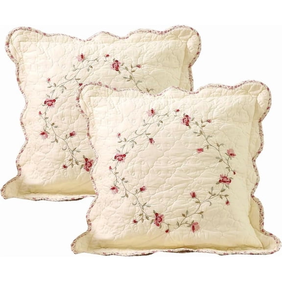 Set of 2 Cotton Quilted Embroidered Decorative Square Throw Pillow Covers with Scalloped Floral Soft Cushion Case for Couch Sofa Bed (Flower D,18"x18")