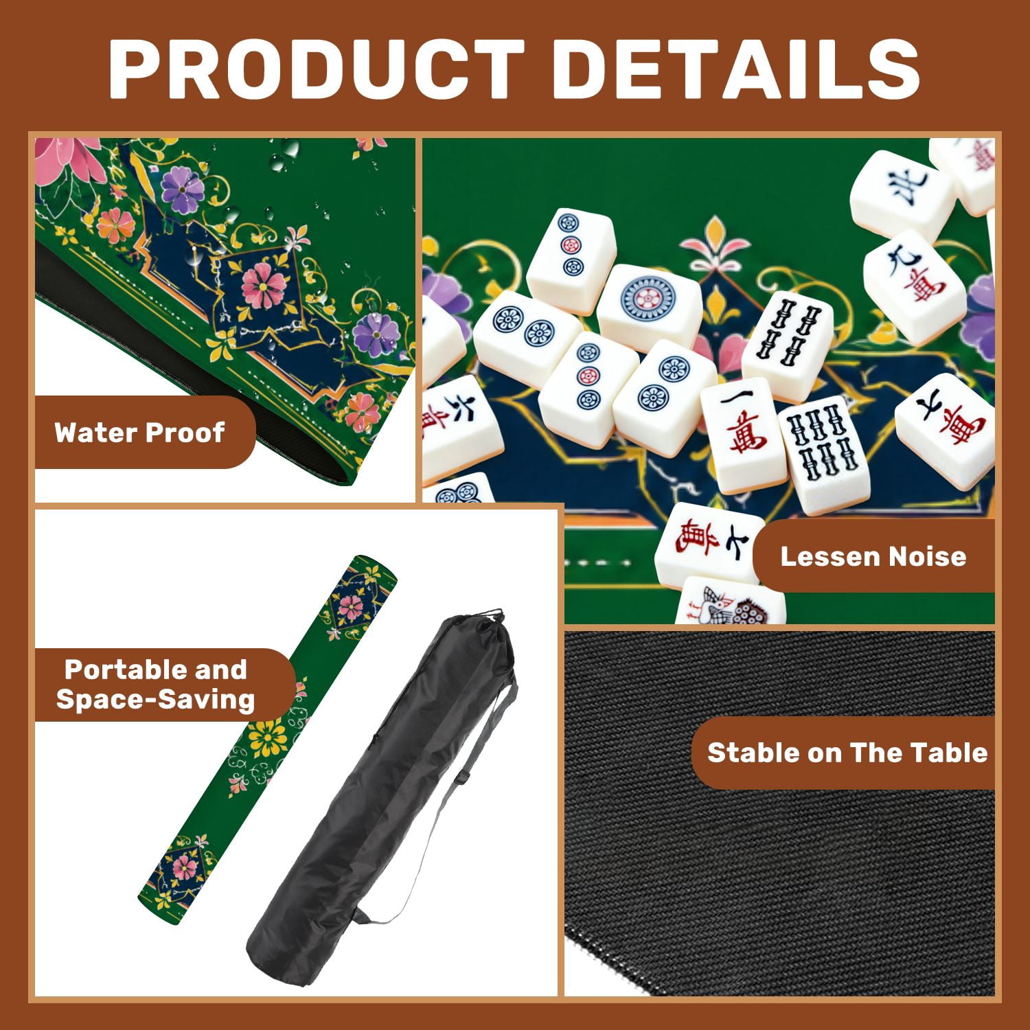 Mahjong Mat 31.5" x 31.5" Floral Vibrant Colors Abstract Design Green Non-Slip Noise Reduction Mahjong Tiles Table Cover for Dominoes Poker Card Board and Tile Games