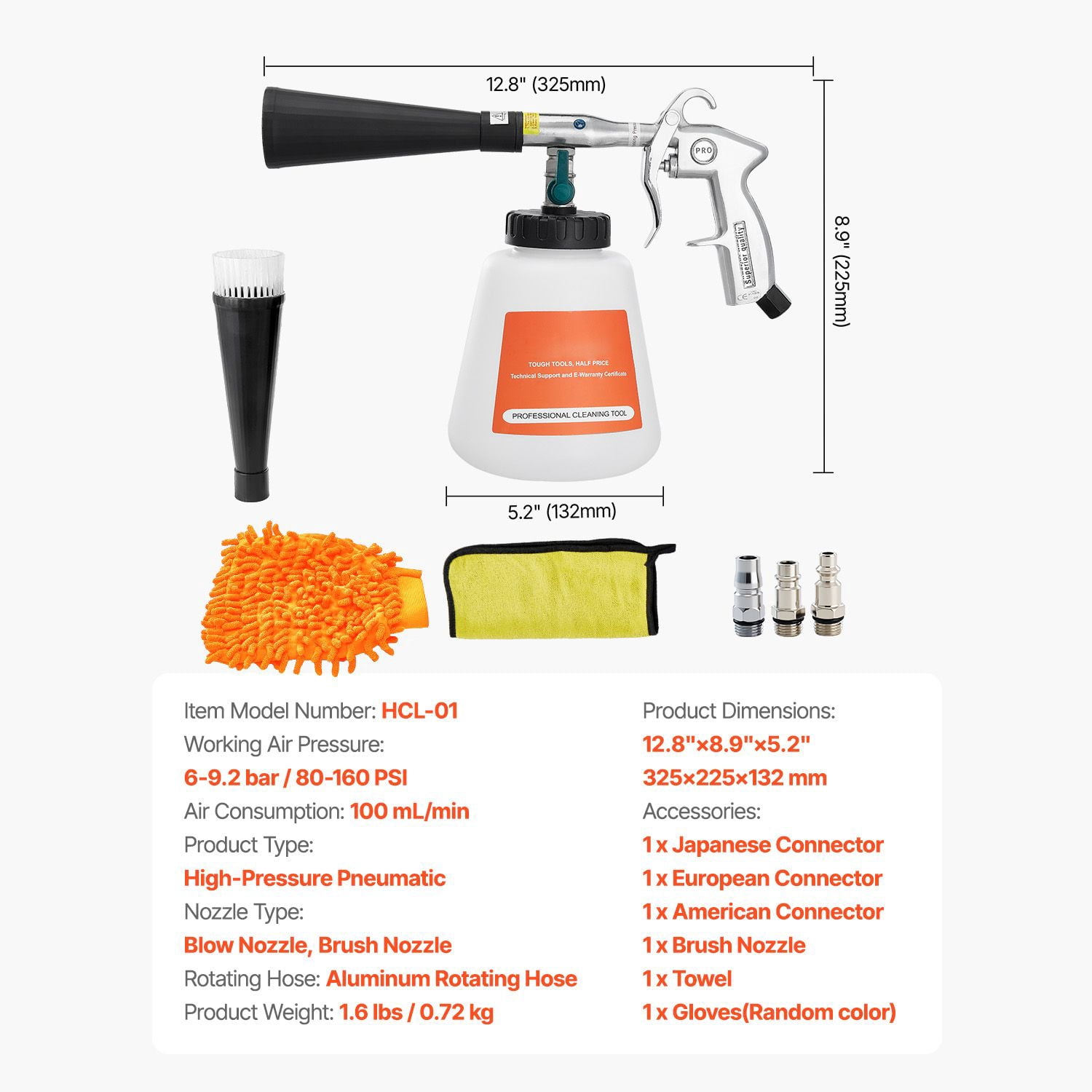 Vortex Cleaning Gun, High-Pressure Air Compressor Gun with 1L Tank, 360° Rotating Nozzle, Spray and Blow Modes, 6-9.2 Bar Pressure, for Car Interior and Exterior Cleaning