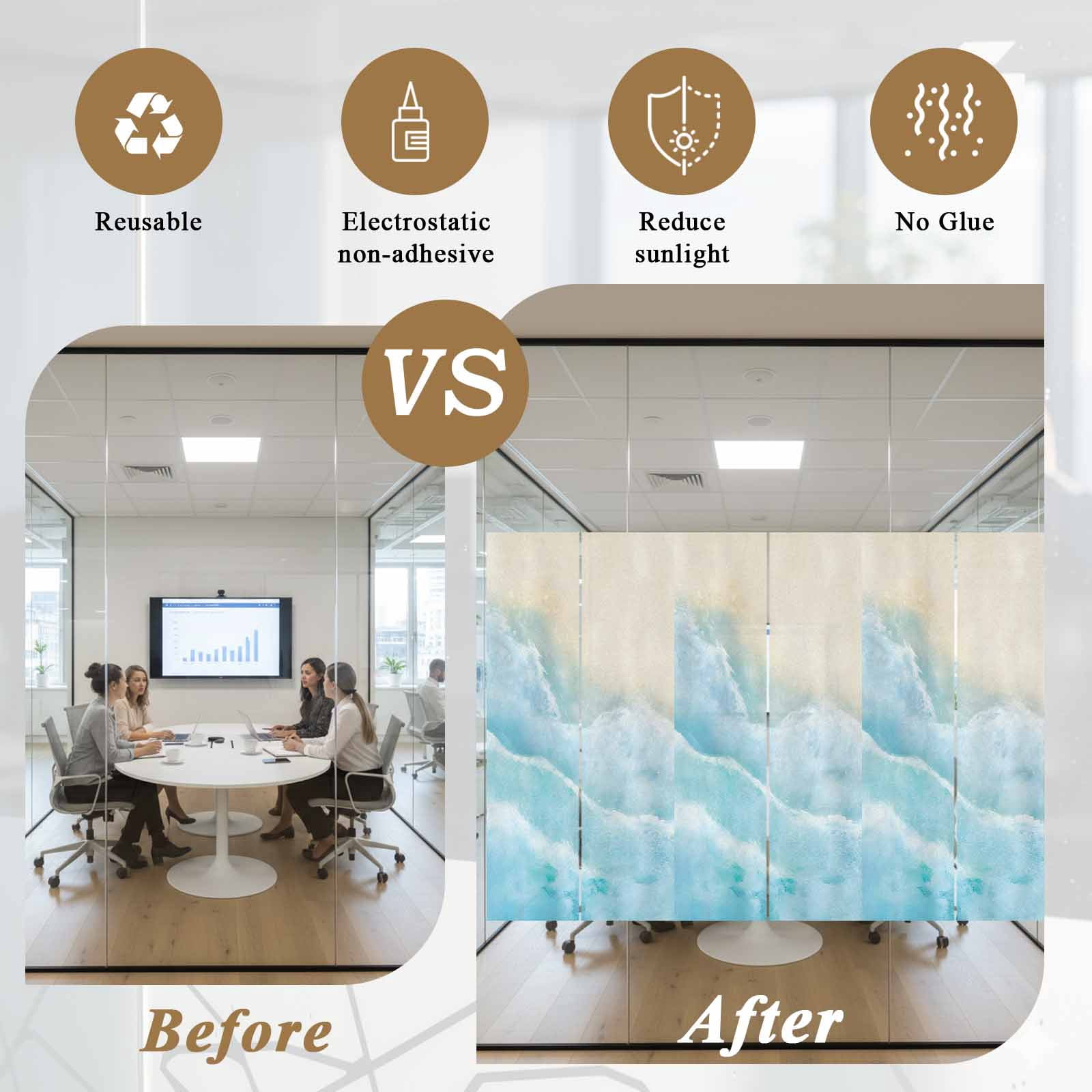 Ocean Beach Window Privacy Film, Gradient Blue Ocean Waves Beige Beach Frosted Glass Window Clings Static Cling UV Heat Blocking Reusable Door Sticker for Bathroom 29.5 x 118 Inch