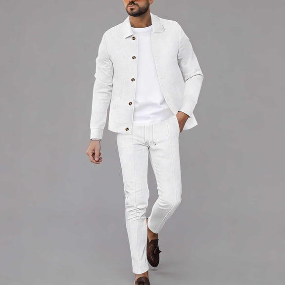 Maqroz Men's Comfortable Summer Set Long Sleeve Button Down Jacket and Drawstring Waist Pants Solid Color Casual Formal Outfit Fashion Dailywear