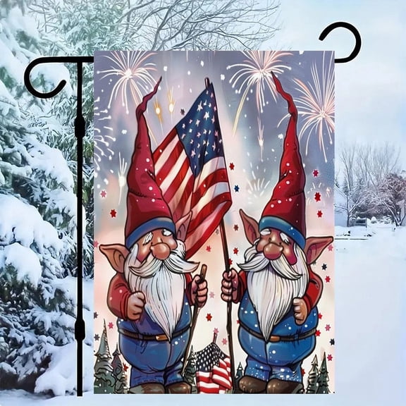 RKSupls Patriotic Linen Double Sided Garden Flag, Independence Day Themed Yard Decor, Gnomes Holding Flag Sparklers Outdoor Banner for Holiday Lawn