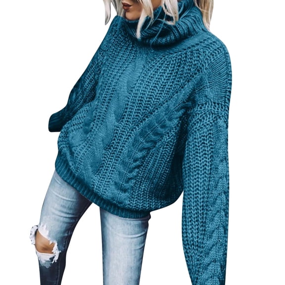 VISALY High Neck Sweaters Crochet Sweaters Womens Turtleneck Sweaters Long Sleeve Pullover Cable Knit Sweaters Soft Jumper Chunky Sweaters Women Pullover Sweaters Comfy Sweaters Blue L