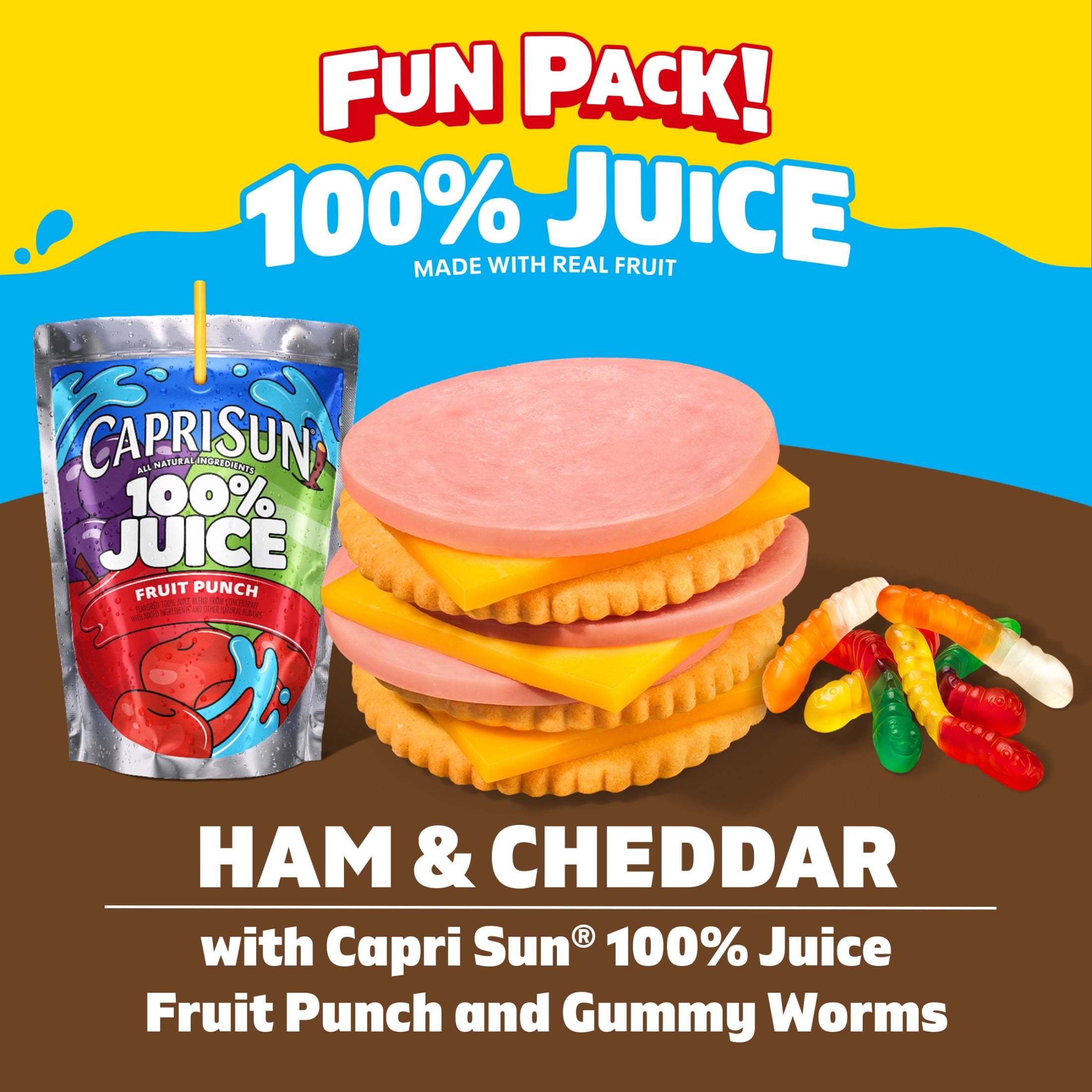 Lunchables Ham & Cheddar with Capri Sun 100% Juice Fruit Punch & Gummy Worms Fun Pack, 2.8 oz & 6 fl oz Package