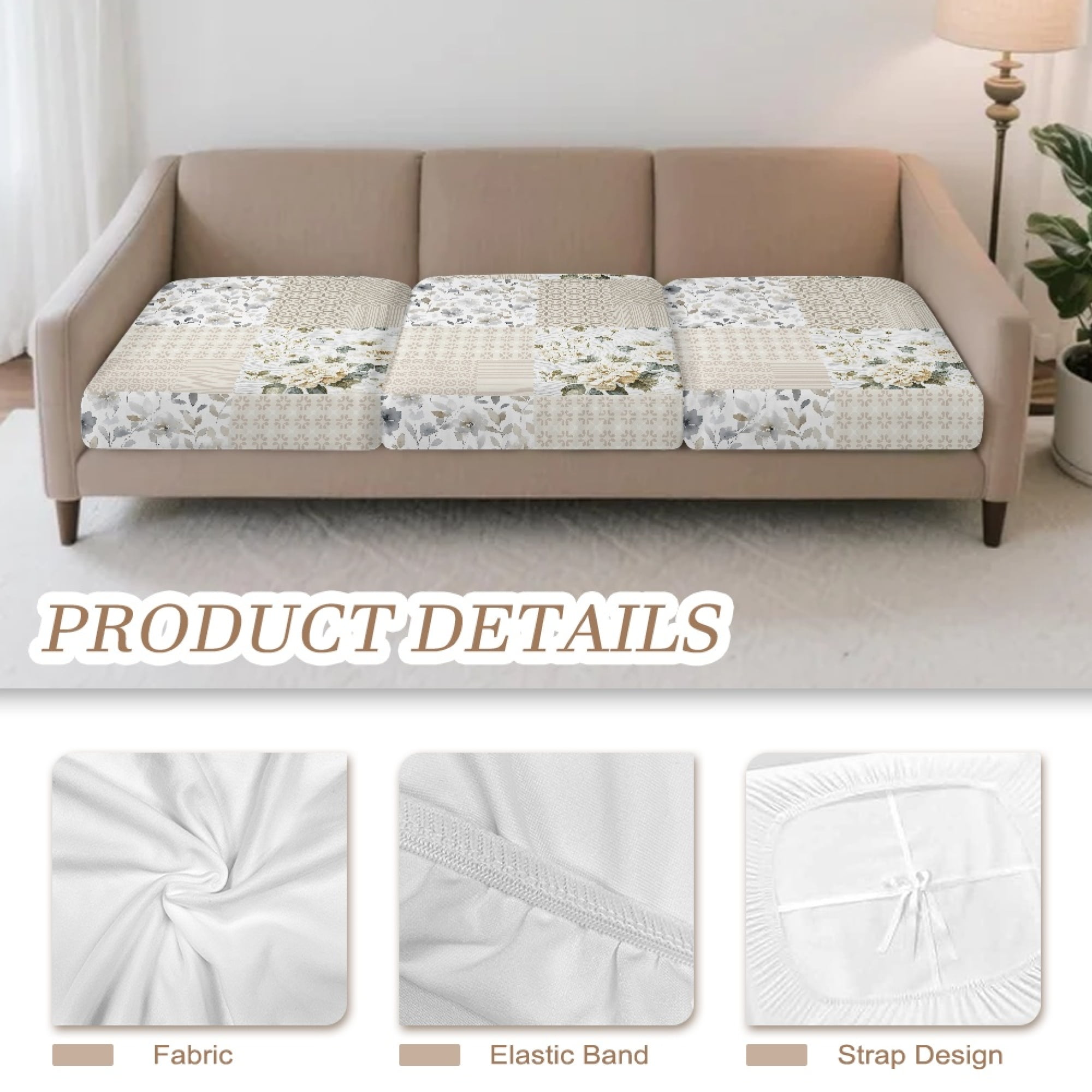 TSOVTHRID Beige Flower Patchwork Print Couch Cushion Covers, Soft Cushion Couch Sofa Slipcovers Anti Slip Sofa Seat Covers Washable Furniture Protector for Living Room Decoration, 24x24 Inch
