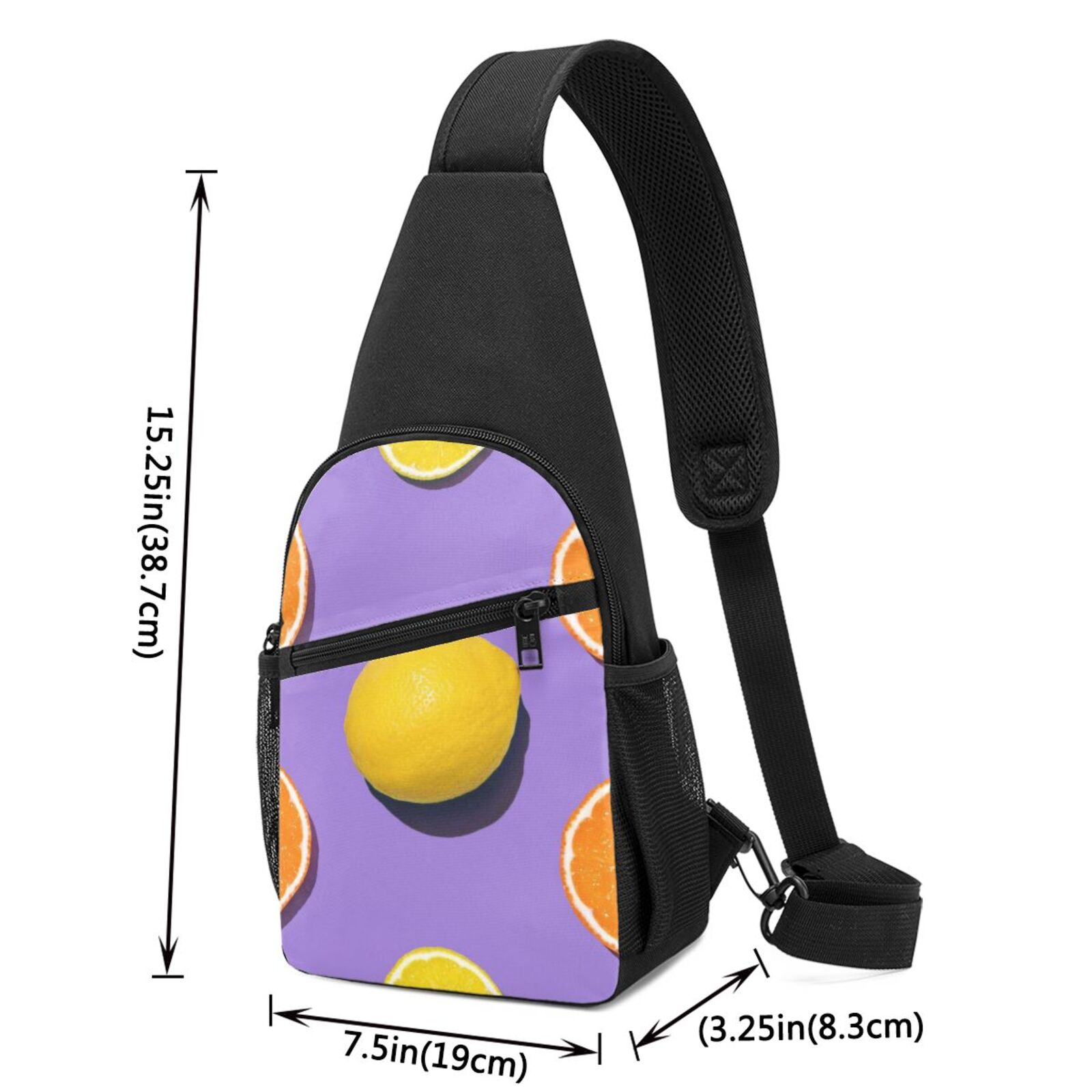 Xecao's Yellow Lemon And Orange Print Sling Bag: A Versatile Chest, Shoulder, and Crossbody Backpack for Casual Days Out, Perfect for Both Men and Women