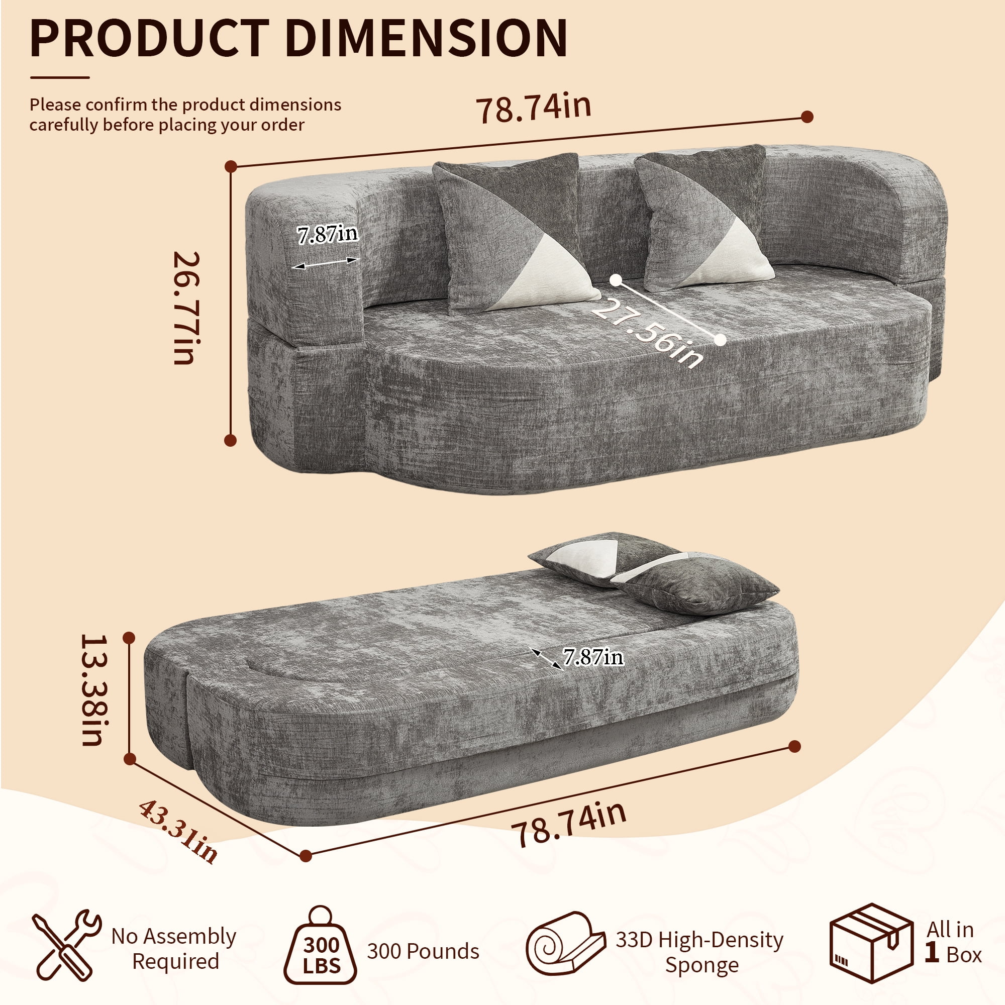 78.74"W Eggshell Convertible Sofa,Floor Couch,Sleeper Sofa Bed,No Assembly High-Density Sponge Loveseat with 2 Pillows for Living Room, Apartment,Small Spaces,Charcoal Gray