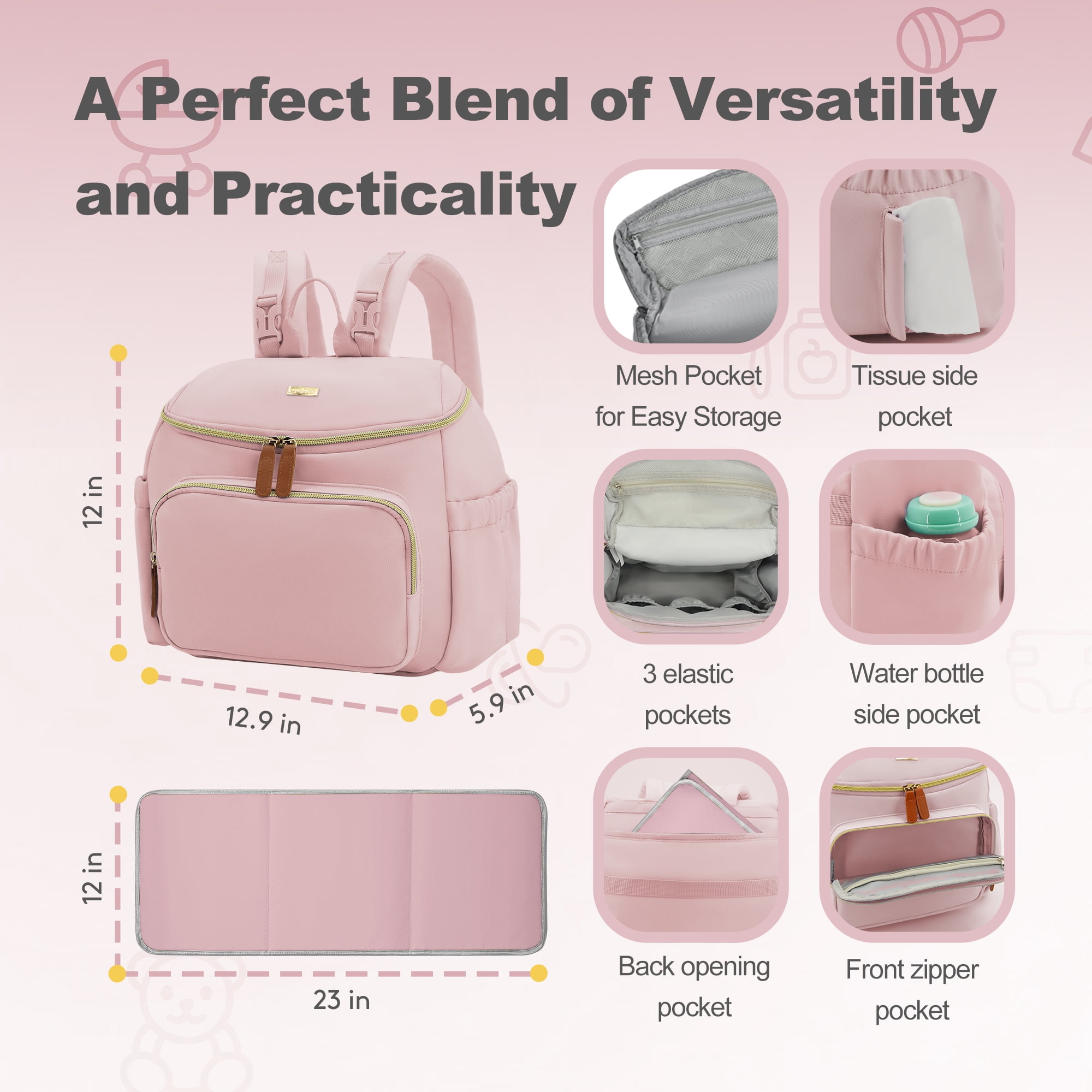 Diaper Bag Backpack, Lightweight Stylish Travel Baby Bag with Changing Pad, Pink