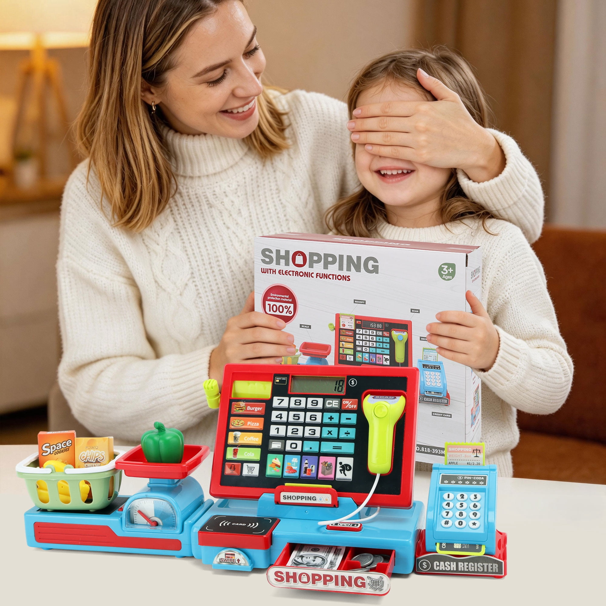 Cash Register Toy for Kids, Pretend Learning Play Set with Sound Music /Scanner /Microphone /Credit Card /Play Money