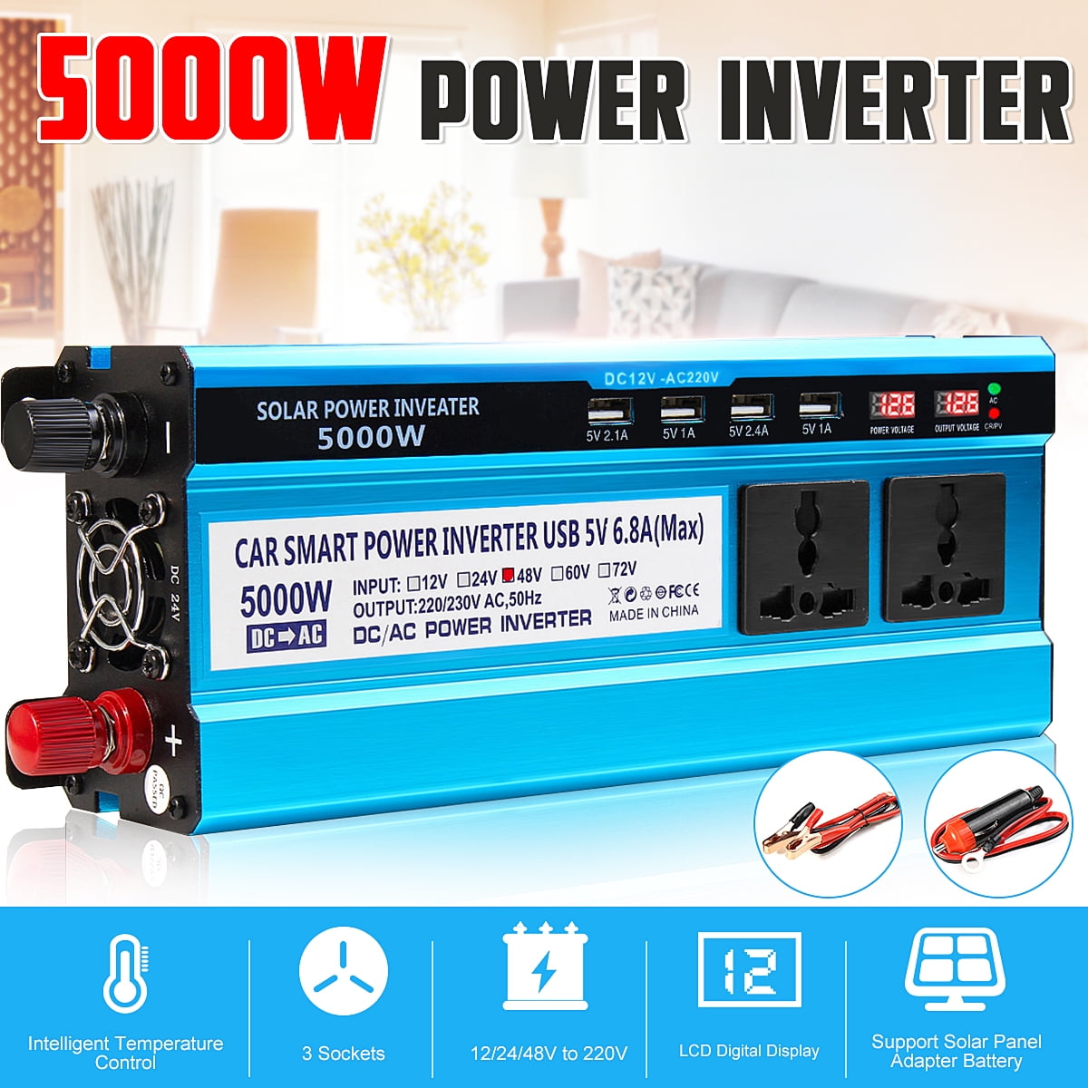 Power Inverter DC 12V 48V to AC 220V 5000W Inverter Voltage Transformer Converter for Car Home -
