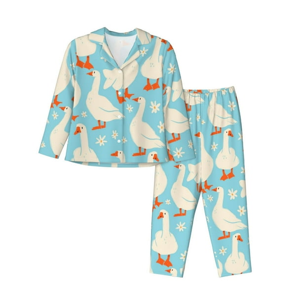 Balery White Geese and Flower Conjunto de Pijama con Estampado para Mujer, Conjunto de Dos Piezas con Manga Larga, Ropa de Dormir Suave con Bolsillos, Pijamas Cómodos-Small