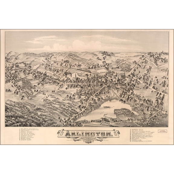 24"x36" Gallery Poster, birdseye view map Arlington, Massachusetts, 1884