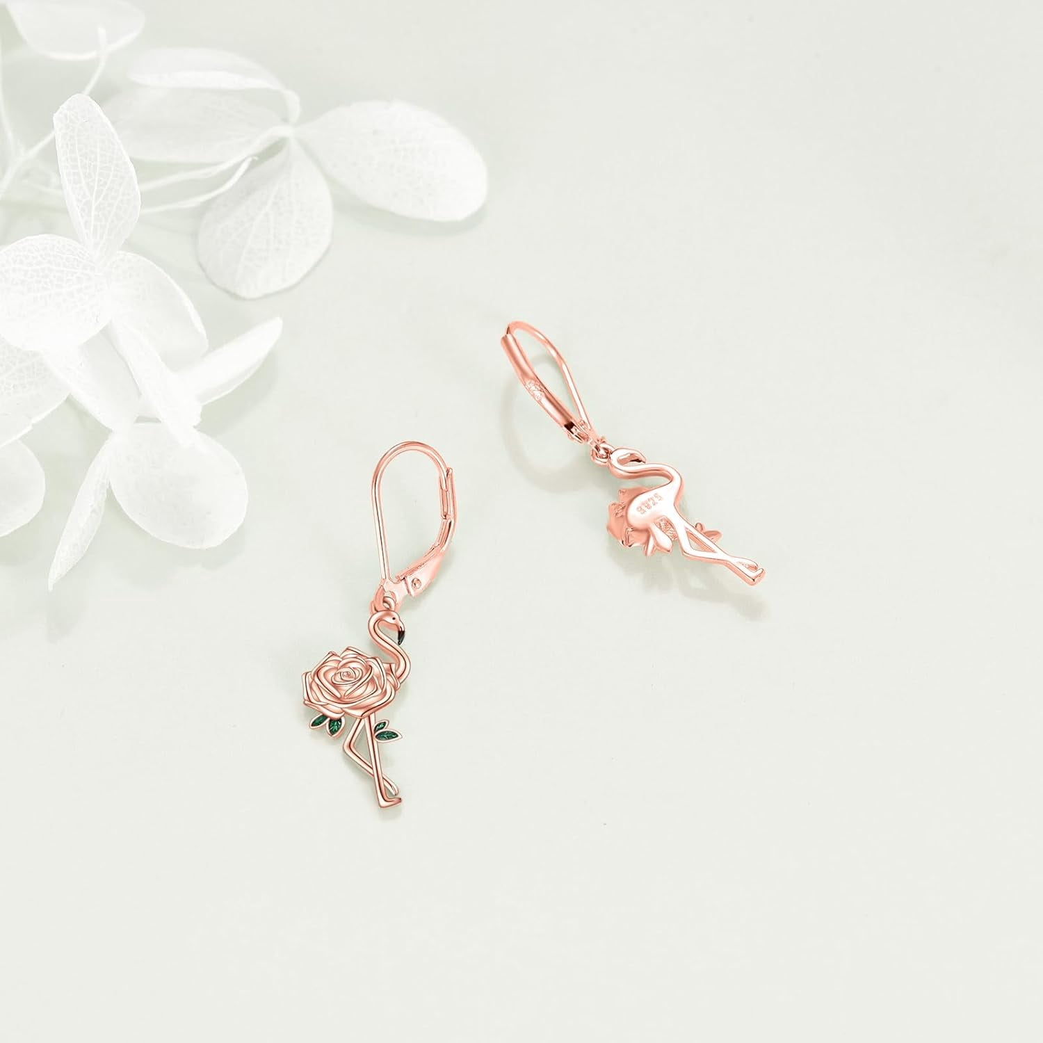Flamingo Earrings Sterling Silver Flamingo Rose Flower Dangle Dangly Drop Charm Leverback Earrings Bird Jewelry Gifts for Women