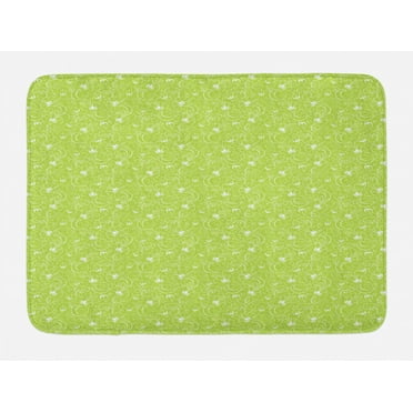 Abstract Bath Mat, Curlicue Style Flowers Blossoms Twigs Branches Repetitive Bicolored Pattern, Plush Bathroom Decor Mat with Non Slip Backing, 29.5" X 17.5", Apple Green White, by Ambesonne