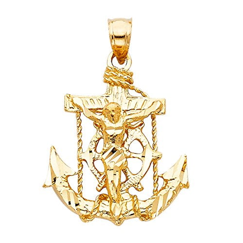 30 X 22mm Yellow Anchor & Ships Wheel Million Charms 14K Two-tone Gold Religious Mariner Cross Pendant White Jesus Crucifix