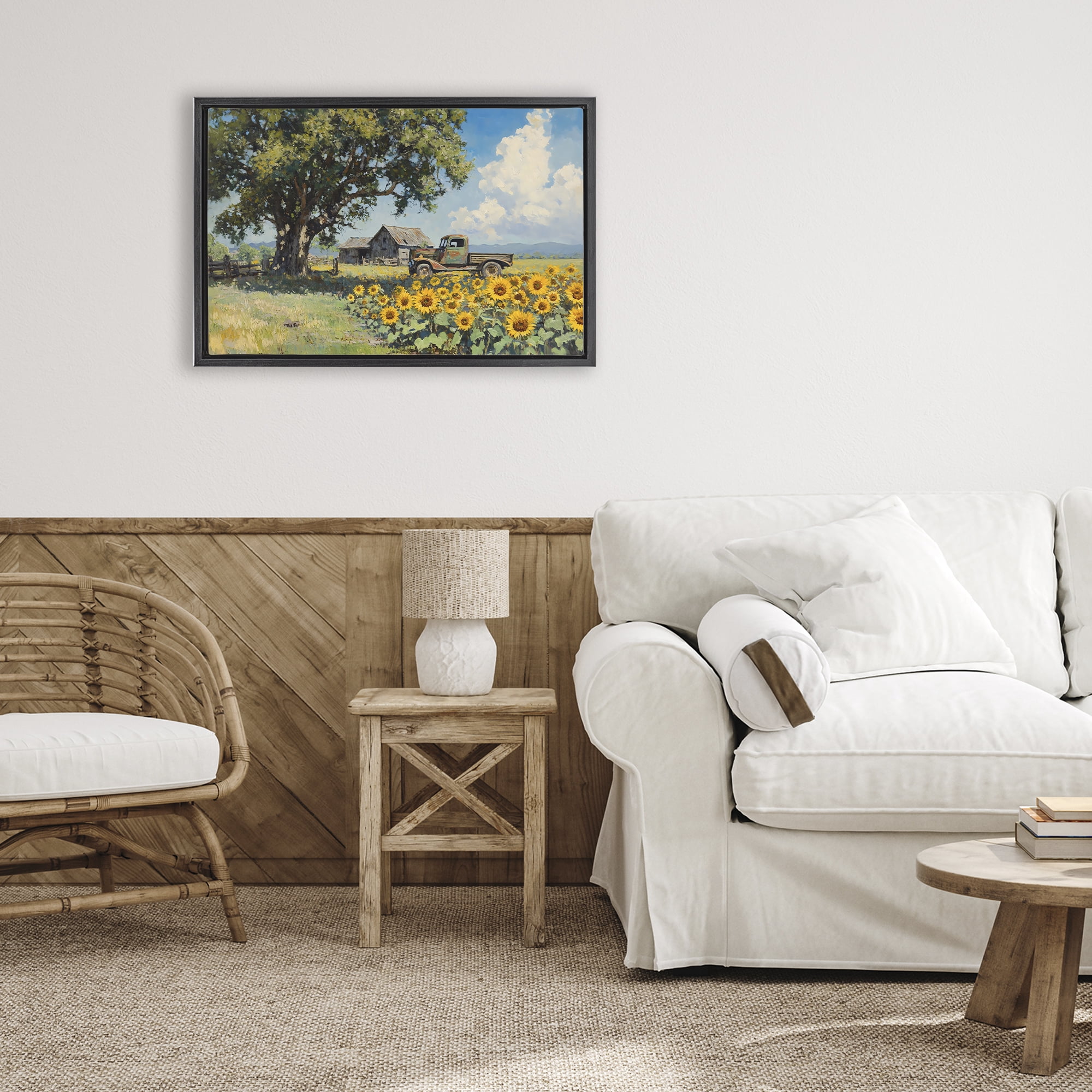 Stupell Industries Sunflower Pickup by Old Barn Black Framed Floater Canvas Wall Art, design by Franklyn Gregory