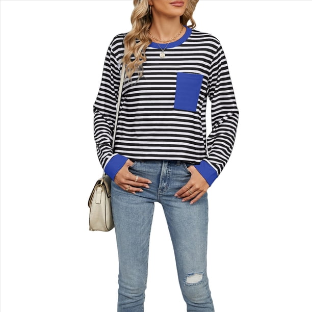 Camisas de Larga para Mujer, Cuello Redondo A Rayas, Corte Holgado, Camiseta de Bloques de Color Otoño 2025 con Bolsillo y Negro XXL