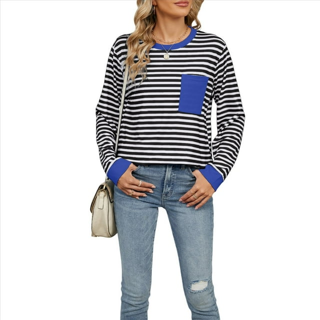 Camisas de Larga para Mujer, Cuello Redondo A Rayas, Corte Holgado, Camiseta de Bloques de Color Otoño 2025 con Bolsillo y Negro S
