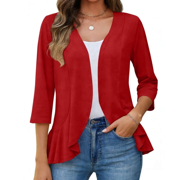 Craaazy Women's Casual Solid Color Casual 3/4 Sleeve Open Front Blazer with Ruffle Hem and Pockets for Office Work and Outings