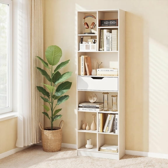 Kadyn 71inch Tall Freestanding Bookcase 10-Cube Storage Organizer with Drawer Open Shelves for Home Office Study Living Room Books Decor Display, White