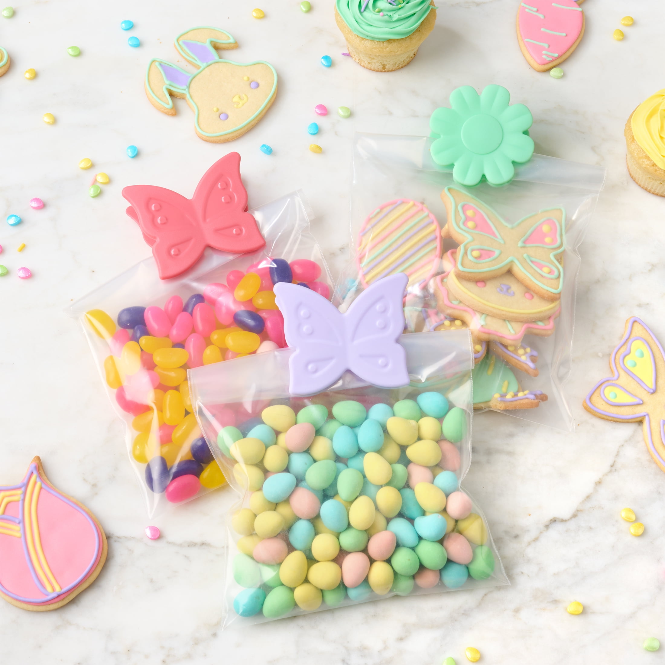 Tout pour célébrer – Lot de 3 pinces à sacs de cuisine papillon et fleur, en rose foncé, vert doux et violet doux