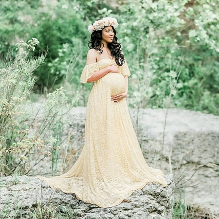 

jbyrvq Maternity Clothes Pregnant Women Off Shoulder Lace Long Maxi Dress Gown Photography Prop