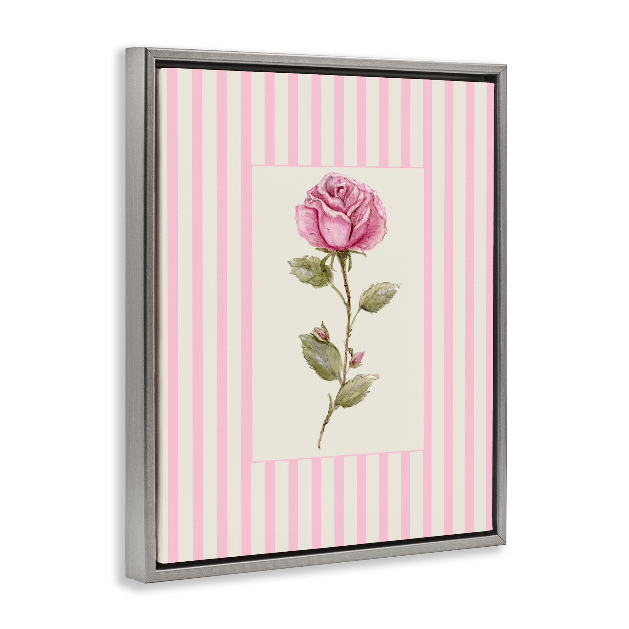 Pink Stripe Rose Gray Framed Floater Canvas Wall Art, design by Lisa Wehmeyer