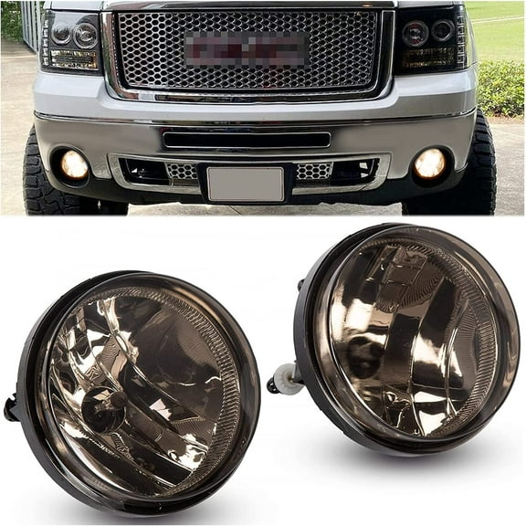 Pair Fog Light Lamp w/Halogen Bulbs Compatible with 2007-2013 GMC Sierra 1500 & 2007-2014 Sierra 2500HD 3500HD Replacement for 25831948, 25831949, GM2592161, GM2593161 - Smoke Lens