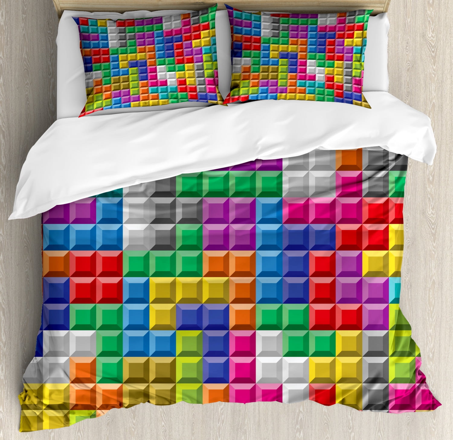 Video Games Duvet Cover Set, Colorful Retro Gaming Computer Brick