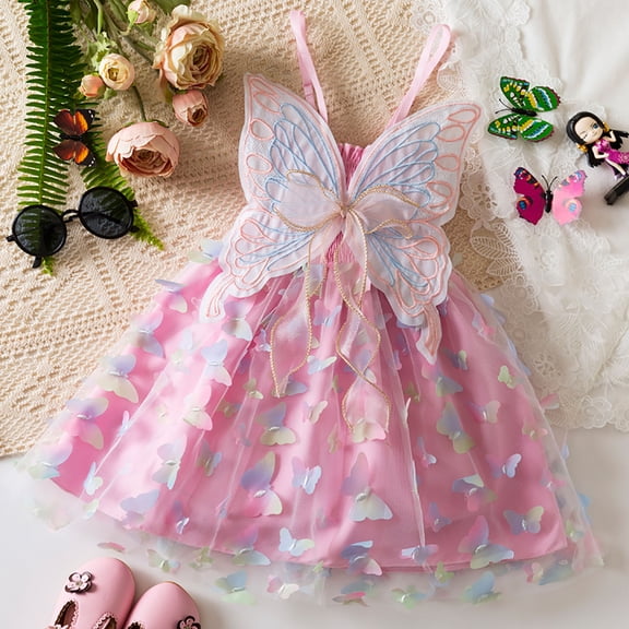 RTKFRFLM Girls Rainbow Butterfly Dress Kids Summer Mesh Tulle Princess Gown Toddler Colorful Graphic Party Sundress for Little Girls Ages 2-6 Years Elegant Performance Outfits for Children