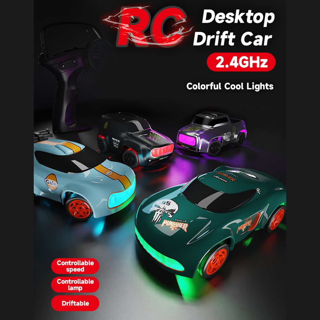 1:64 Mini RC Drift Car with LED Light, 4WD High-Speed Remote Control Car Model, 2.4GHz Full Proportional Desktop Racing Vehicle Toy Gift for Enthusiasts