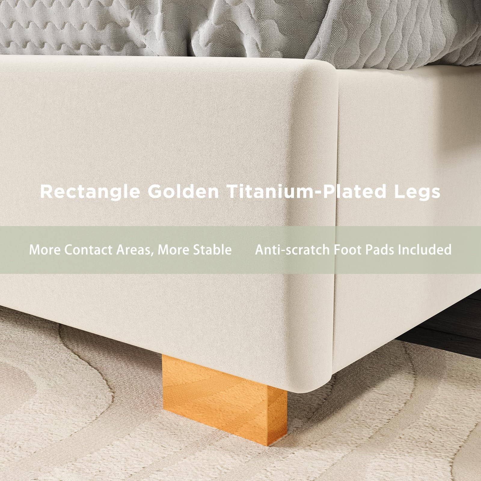 VanAcc Queen Size Bed Frame and 61" Headboard, Upholstered Bed with Golden Plating Trim, Cream