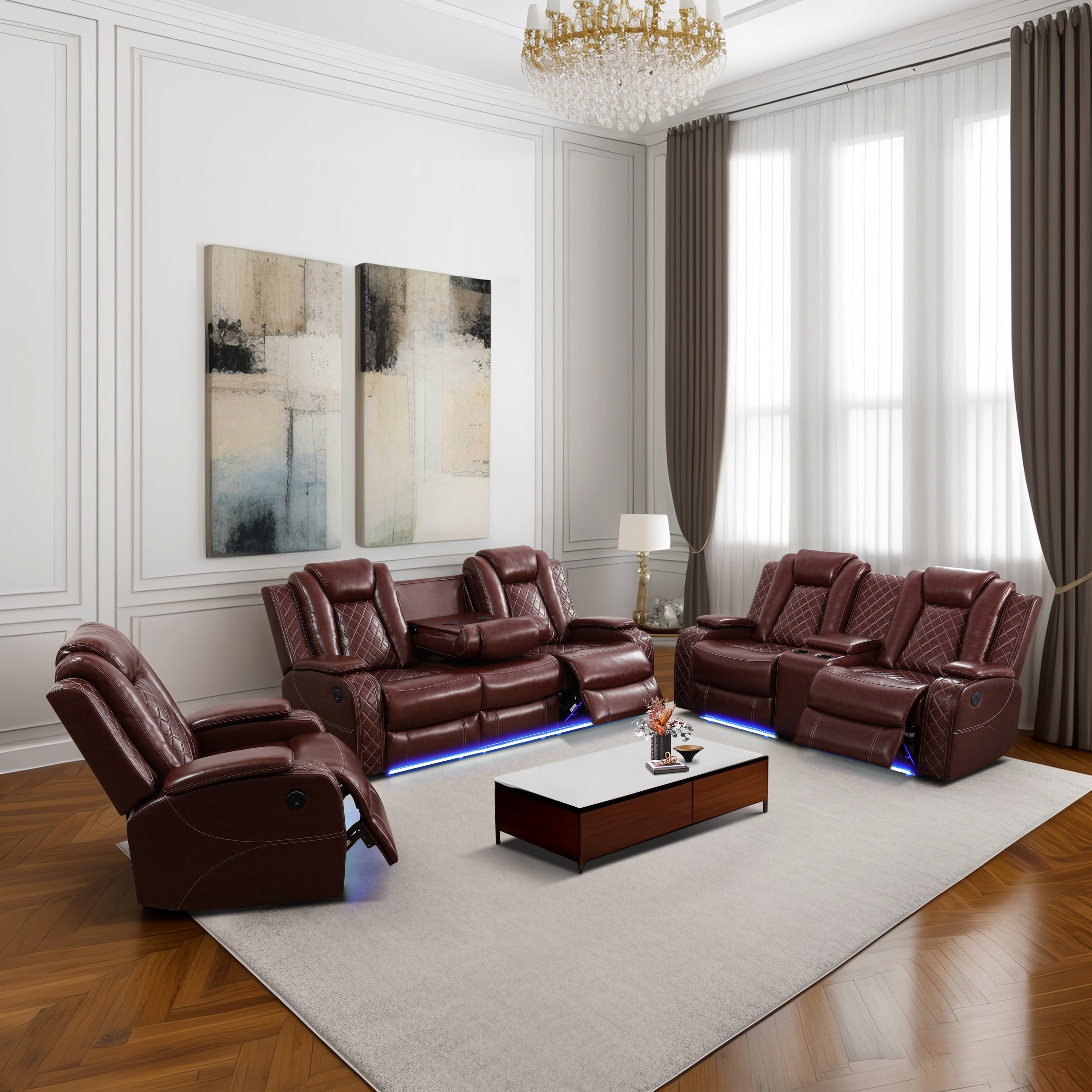 Gewnee Power Recliner Sectional Sofa Set with LED Light,Air Leather Reclining with Cup Holder, Wireless Charge, Storage Console for Living Room