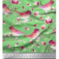 thumbnail image 1 of Soimoi Green Poly Georgette Fabric Branch,Pink Floral & American Robin Bird Decor Fabric Printed BTY 52 Inch Wide, 1 of 3