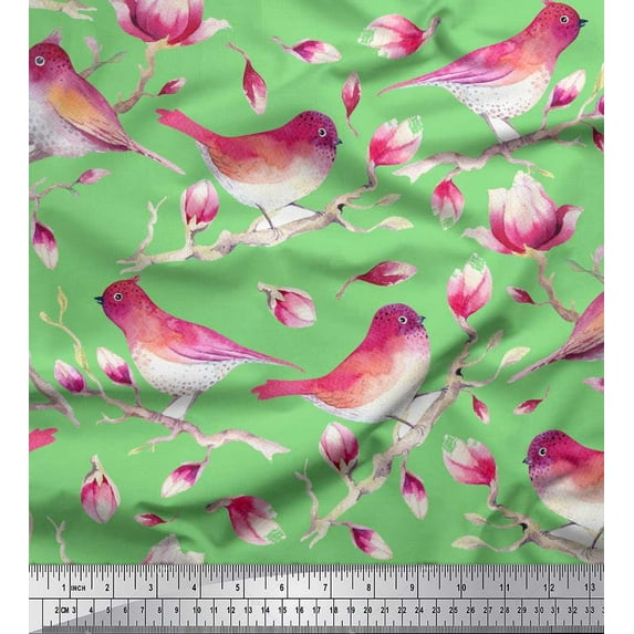 Soimoi Green Japan Crepe Satin Fabric Branch,Pink Floral & American Robin Bird Print Fabric by The Yard 42 Inch Wide