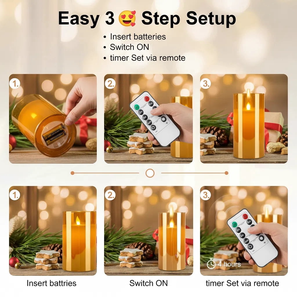 Goldprice Rechargeable Flameless Candle, LED Flickering Candles Tea Lights Pillar Candles Sets with Adjustable Brightness and Timing Remote, Battery Operated Acrylic USB Candles (D 3”×H 4”5”6”)