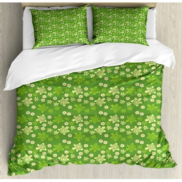 Turtle Duvet Cover Set King Size, Spring Revival Chamomile Illustration and Vortex Figure Flower Design, Decorative 3 Piece Bedding Set with 2 Pillow Shams, Green Pale Yellow White, by Ambesonne