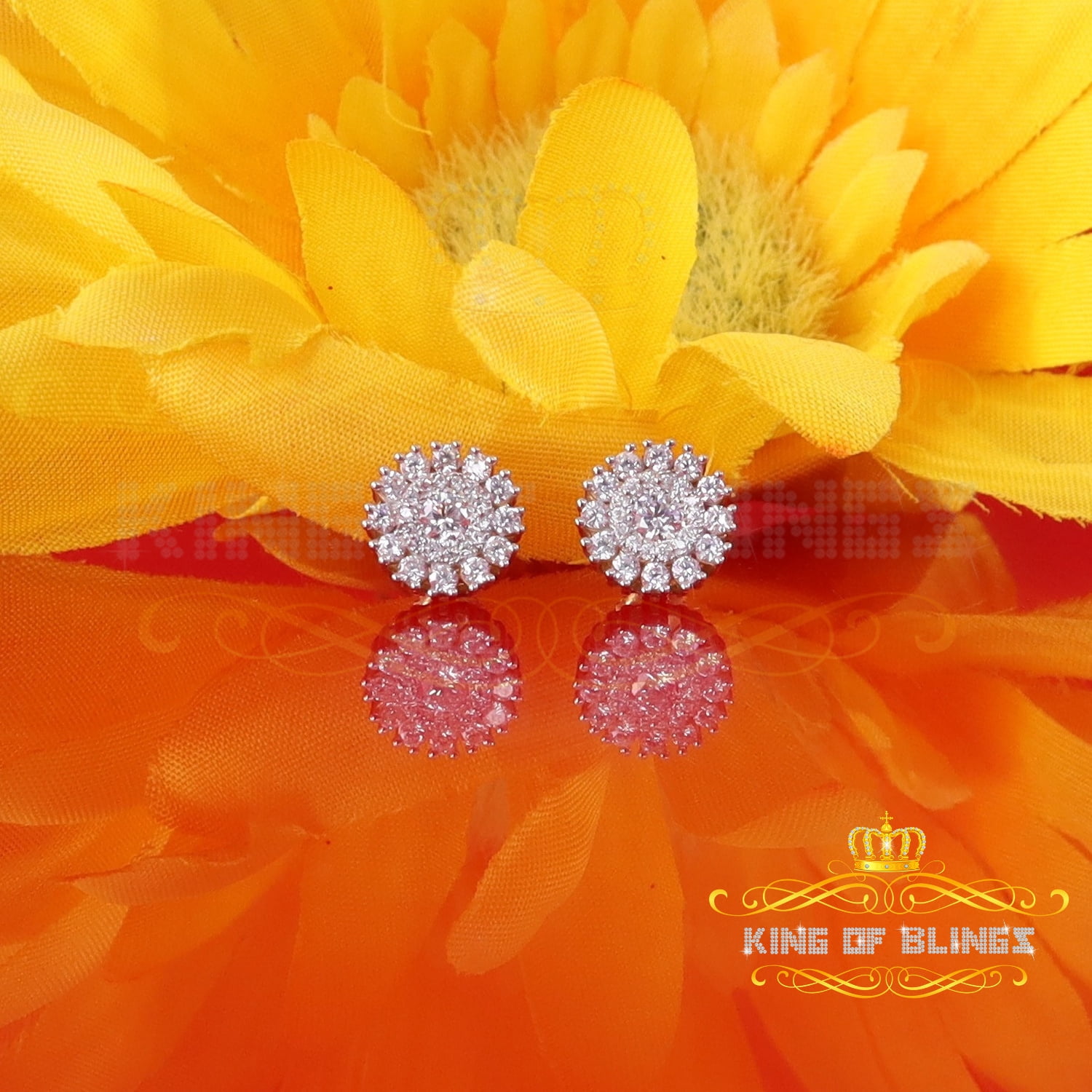 King of Bling's 1.00ct VVS 'D' Moissanite Men's/Womens 925 Silver Yellow Floral Stud Earrings