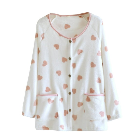 ShomPort Women's Flannel Nightgown Heart Pattern Button Long Length Crewneck Cute Pajamas Fall Winter Outcoat with Pockets