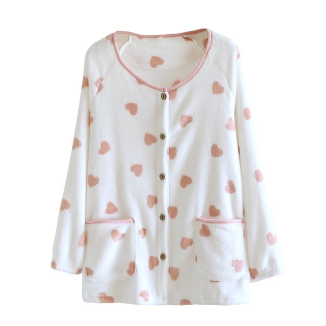 biudgviw Hauts de Pyjama Douillets pour Femmes en Molleton Chaud à Manches Longues avec Boutons, Chemises Confortables à Col Rond avec Imprimé Cœur et Poches