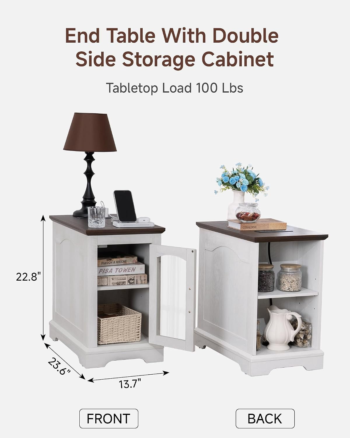 (4 pack) RTC GROUP Narrow Farmhouse End Table with Charging Station, Bedside Table with Storage Cabinet, 2 AC Outlets & 2 USB Ports, Side Table for Bedroom, Living Room, Couch or Sofa, White Oak