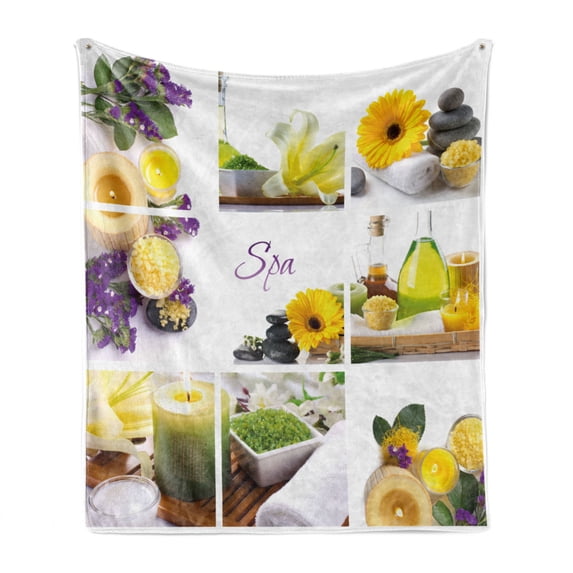 Spa Soft Flannel Fleece Throw Blanket, Yellow Happy Peaceful Spa Day with Flowers Candles and Herbal Oils Art, Cozy Plush for Indoor and Outdoor Use, 50" x 70", Yellow Purple and White, by Ambesonne