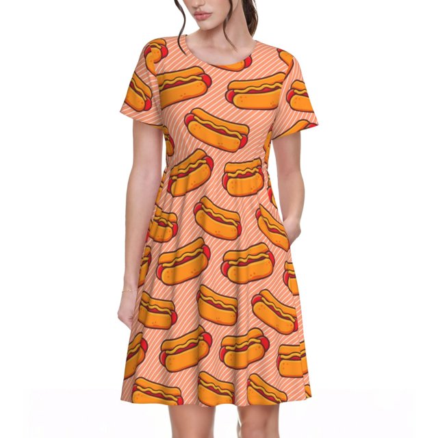 Balery Cartoon Hot Dog Vestidos sueltos de manga corta para mujer, vestidos de verano 2025, vestidos casuales de corte A con vuelo.