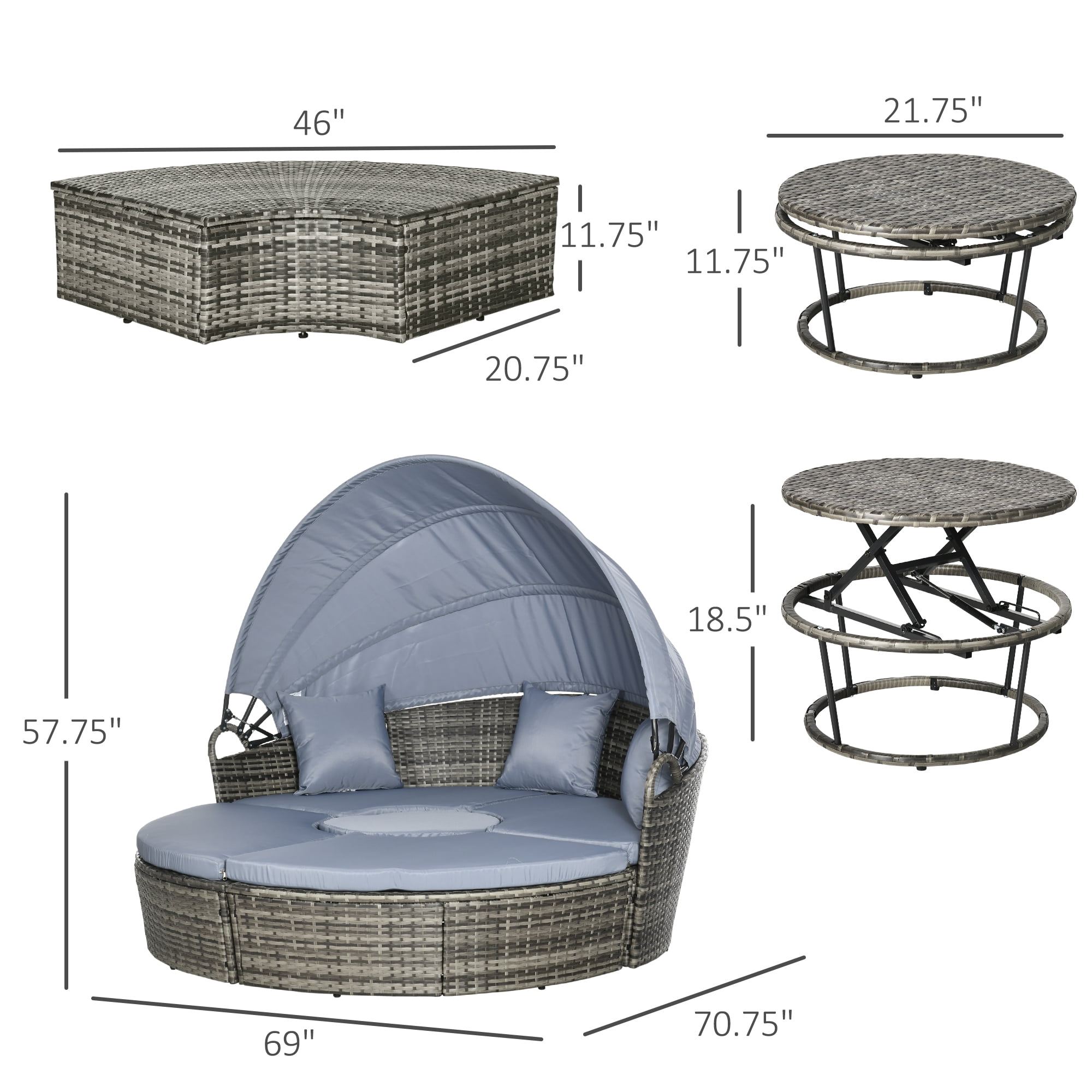 Outsunny 4pc Rattan Patio Furniture Set, Sectional Outdoor Sofa Set with Adjustable Sun Canopy, 2 Chairs, Extending Tea Table, Pillows, Light Gray