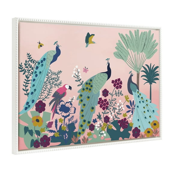 Kate and Laurel Sylvie Beaded 938 Peacock Paradise Vintage Framed Canvas Wall Art by Teju Reval, 28x38 White, Colorful Bird Illustration Art for Wall