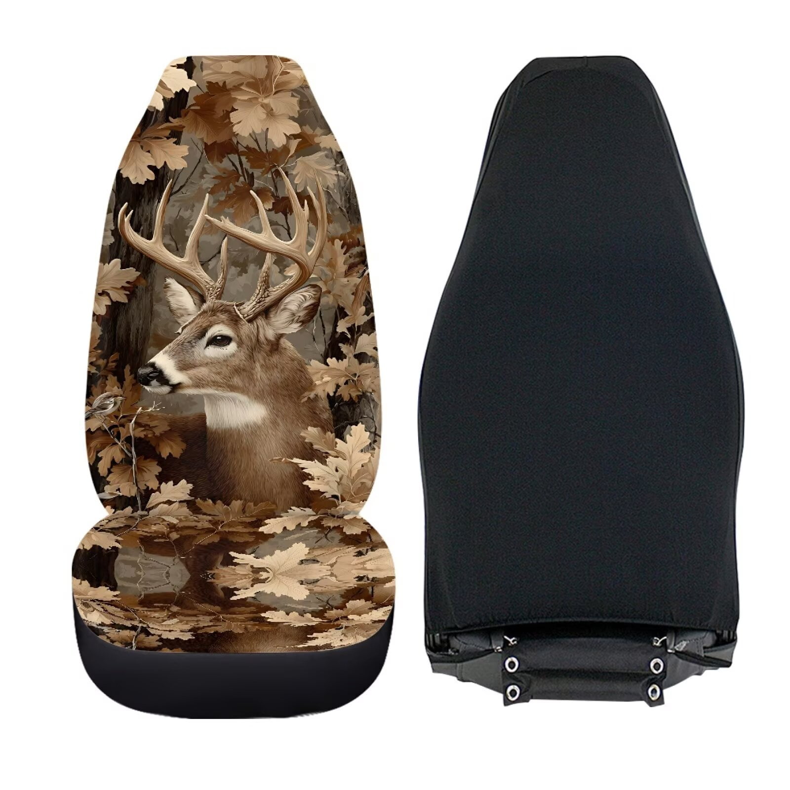 Binienty Deer Hunting Camo Car Seat Covers Full Set 2 Pack Elastic Cloth Vehicle Seat Protectors Washable Anti-Scratch Breathable Bucket Cushions Fit for Most Cars SUV Truck Van