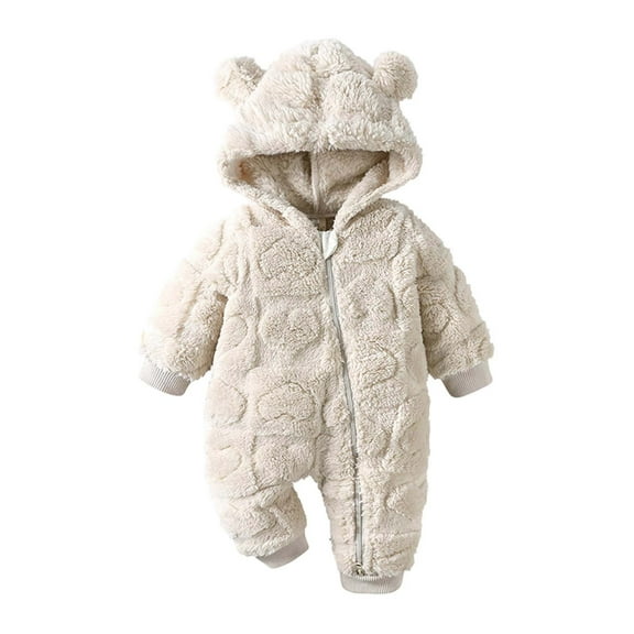 WhouRiu Girl Boy Romper Heart Flannel Long Sleeve Hooded Jumpsuit Baby Soft Cozy Thickened Warm Bodysuits Beige,Size 9-12 M