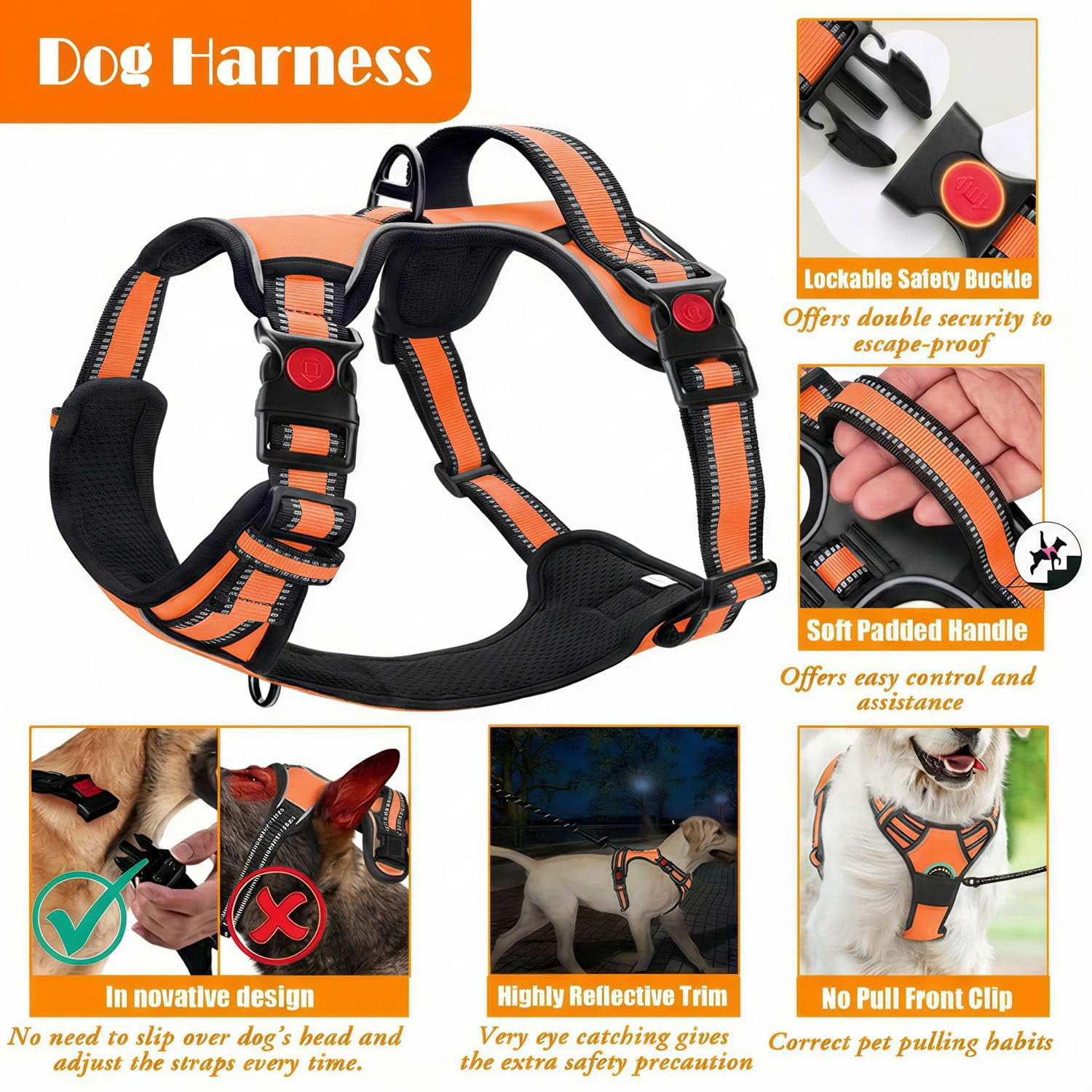 Small Orange No Pull Dog Harness and Accessory Set for Walking and Hiking